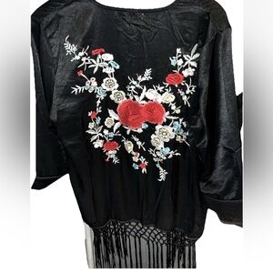 Paparazzi BLACK SATIN Asian fringed KIMONO Colorful Floral Embroidered womens XL